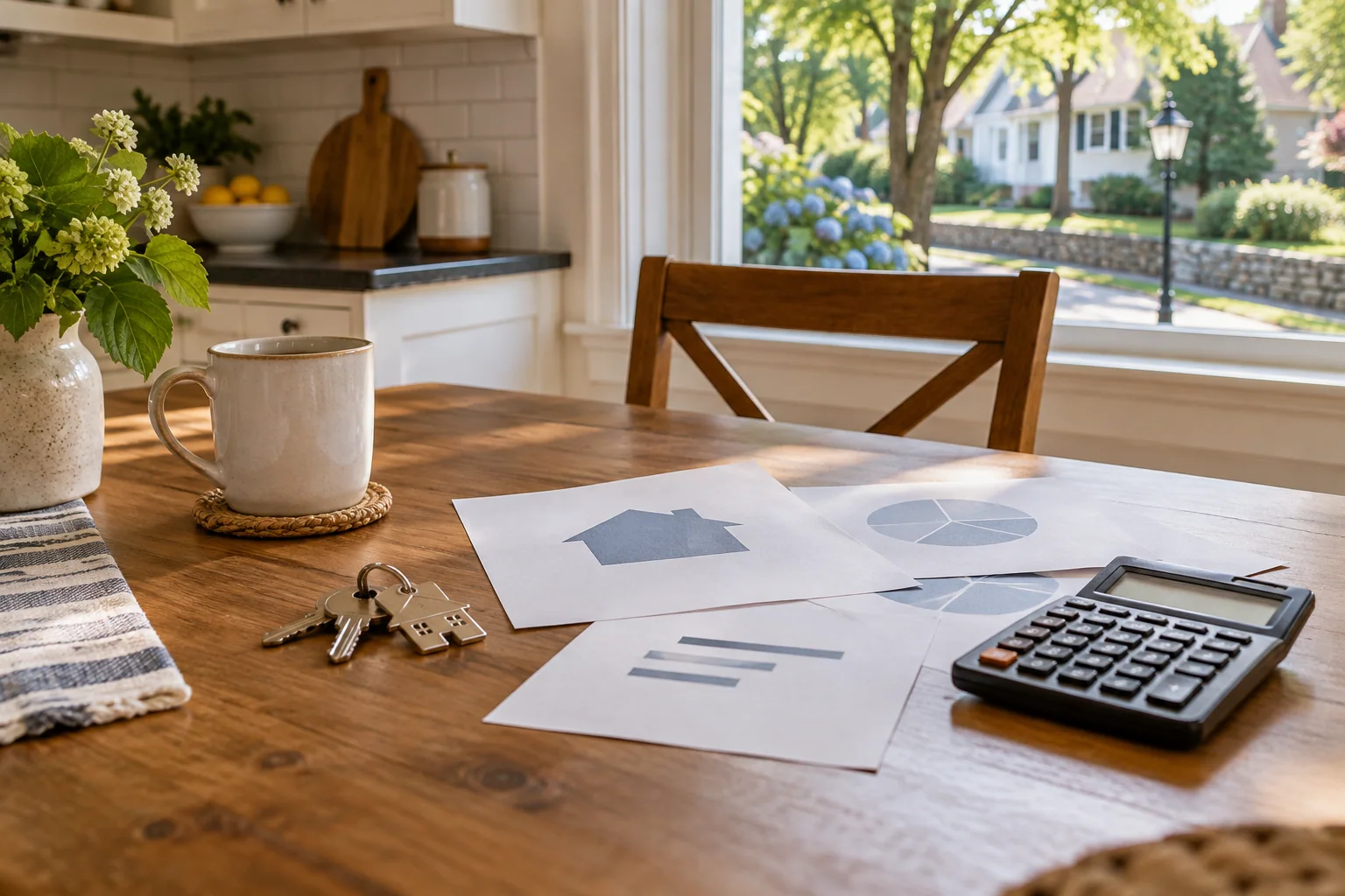A calculator, house keys, and blank planning sheets on a kitchen table in a New England home.