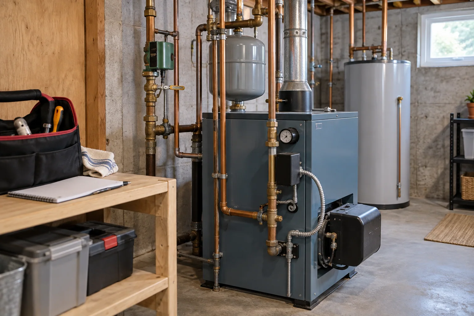 A home's boiler and utility equipment beside a blank maintenance notebook in a Massachusetts basement.