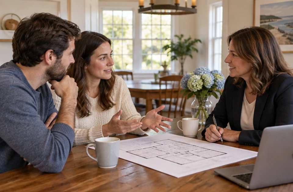 A buyer and real-estate professional discussing needs and priorities at a table.
