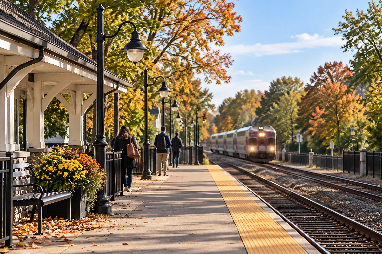 Commuters walking along a tree-lined MetroWest rail platform in autumn as a train approaches.