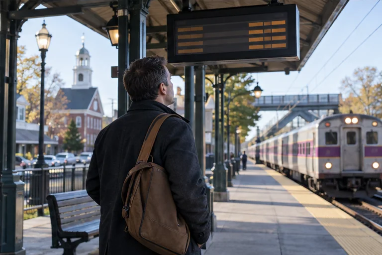 A commuter rail platform in MetroWest used to illustrate a route that buyers should verify for their own schedule.