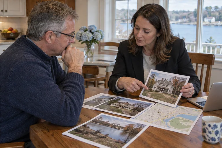 A MetroWest seller reviewing dated home photographs and a location map with a real-estate professional.
