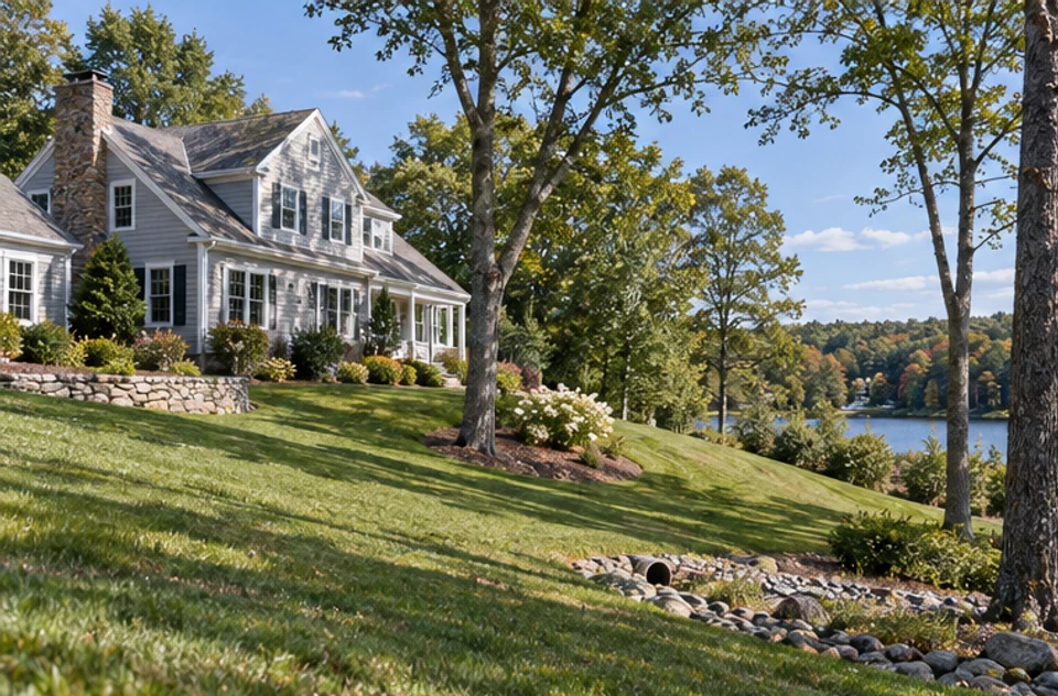 A New England home on a sloping MetroWest lot with mature trees and visible yard features.