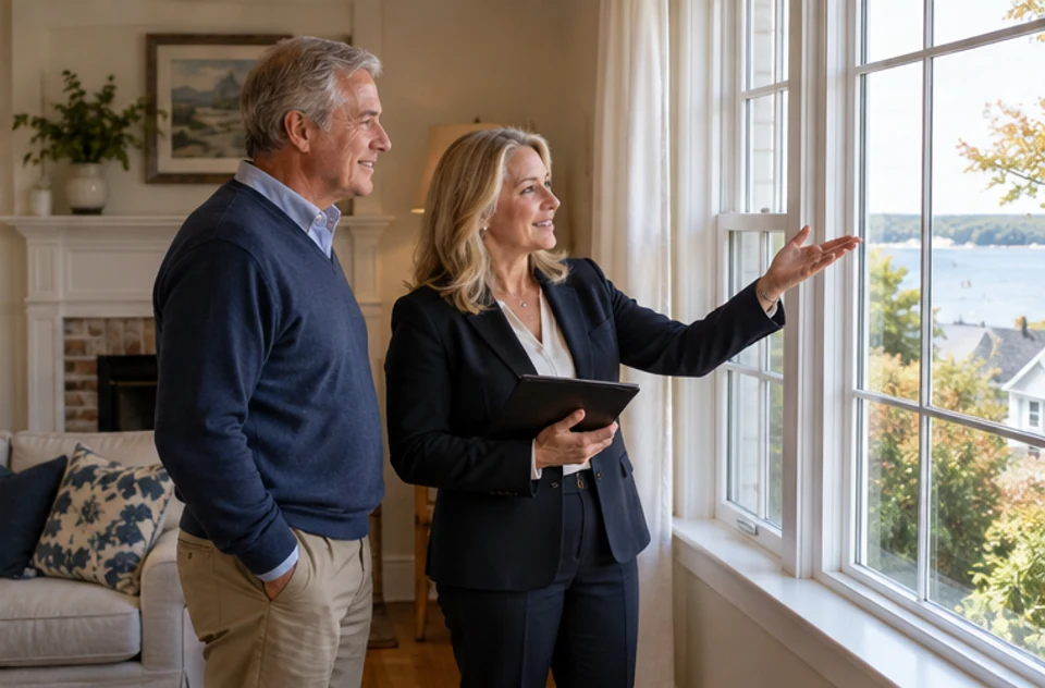 A homeowner and agent walking through a Massachusetts home as they discuss a possible listing plan.