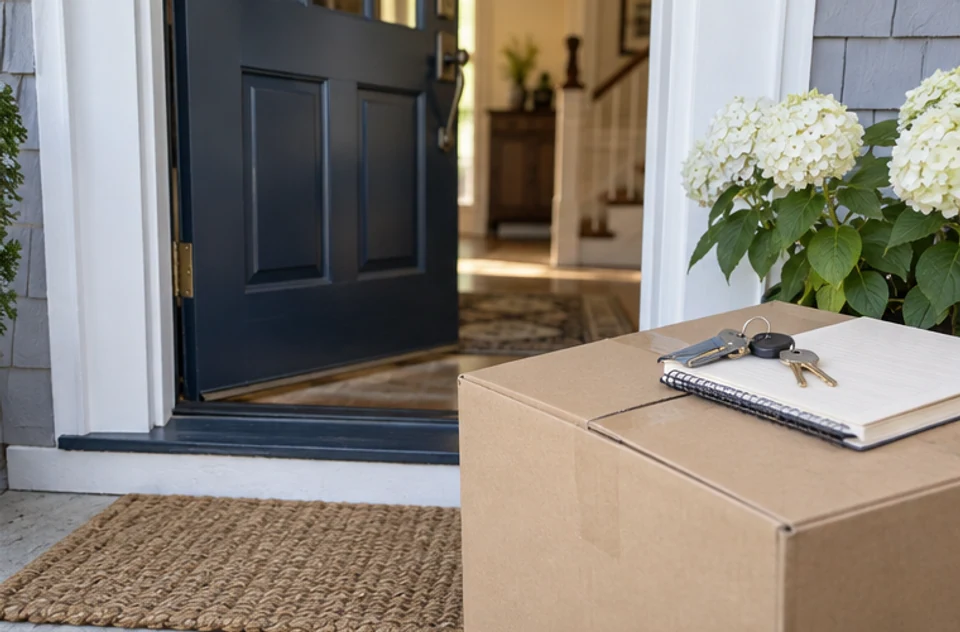 A moving box and house keys at the entry of a New England home during a town-to-town move.