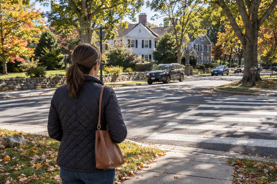 A homebuyer observing a residential street crossing and sidewalk access during a MetroWest visit.
