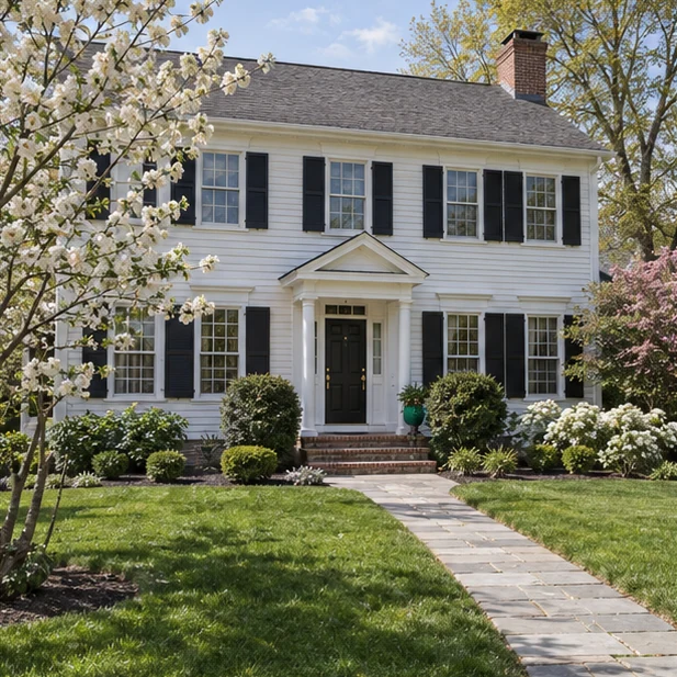 A classic MetroWest colonial home approached along a landscaped front walk on a bright spring day.