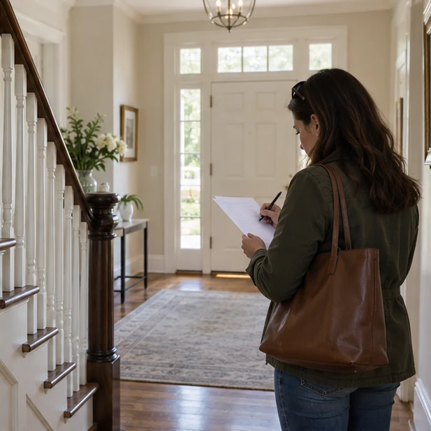 A prospective buyer writing private notes in a bright New England home entryway during a visit.