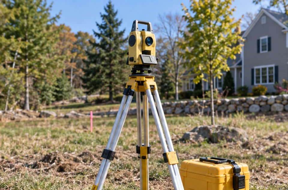 Survey equipment on a residential parcel as a land professional reviews measurements.