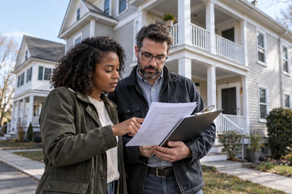 A prospective small-property buyer and advisor reviewing documents outside a New England multi-family home.