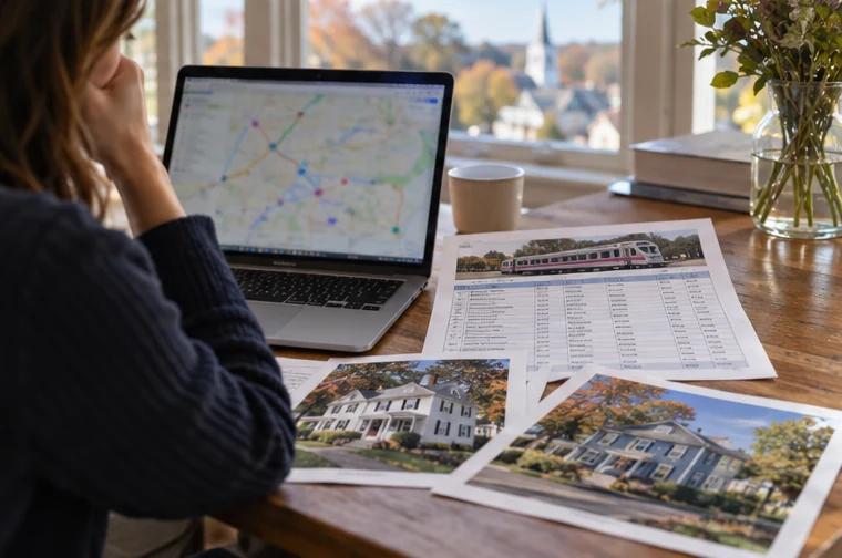 A buyer checking a local route on a laptop beside notes and listing photographs.