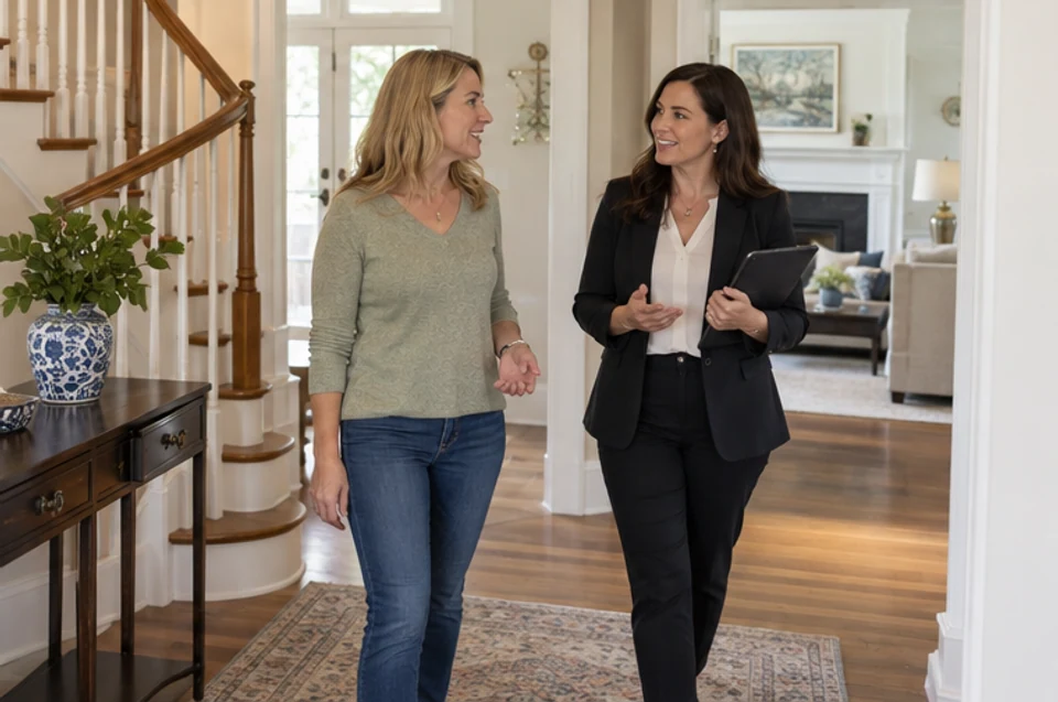 A homeowner and real-estate agent discussing the rooms and preparation questions in a MetroWest home.