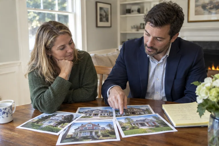 A homeowner and real-estate professional reviewing unlabeled property photos and notes before discussing a listing plan.