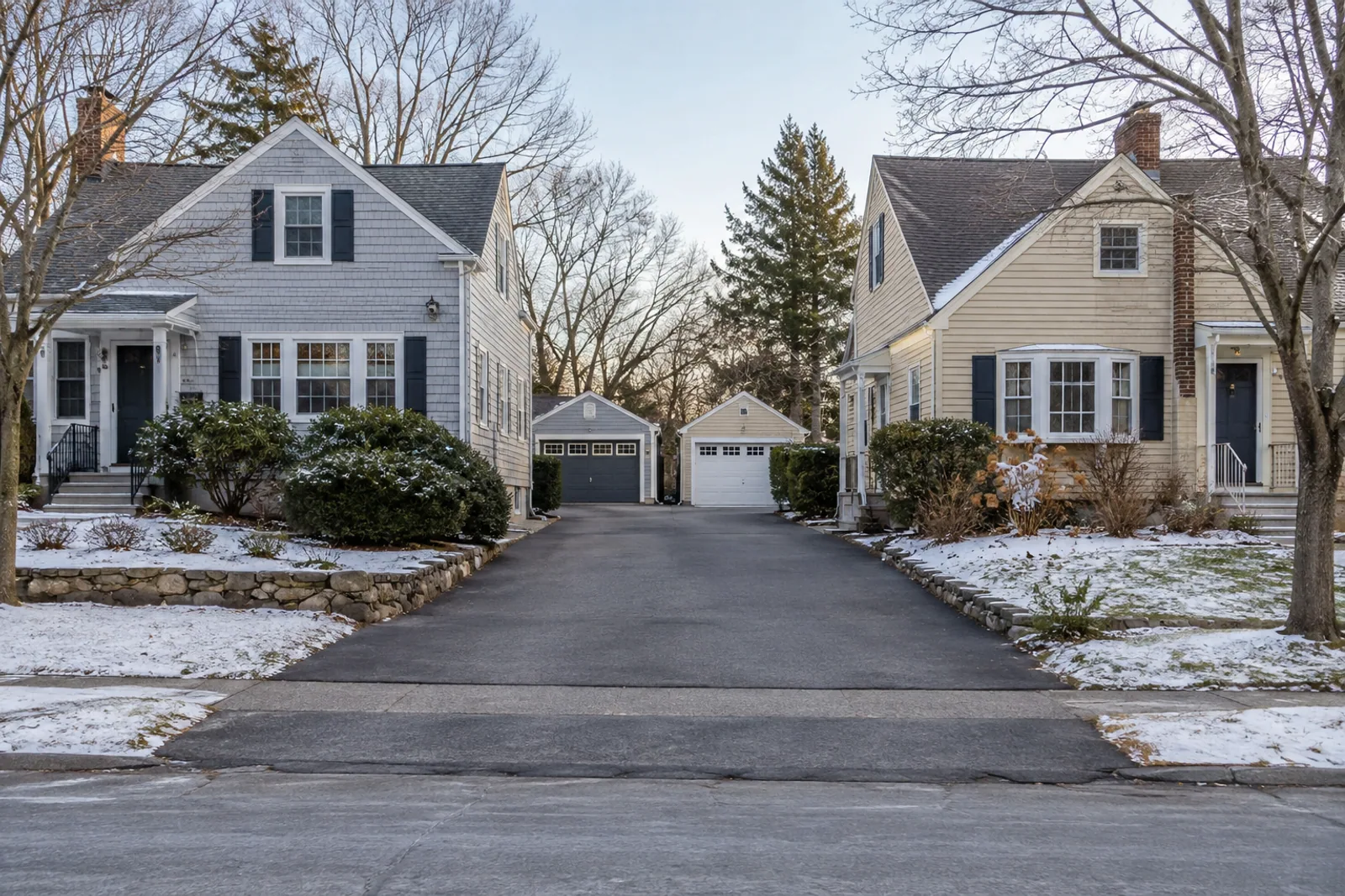 A shared driveway between two MetroWest homes, an access detail to verify for a particular property.