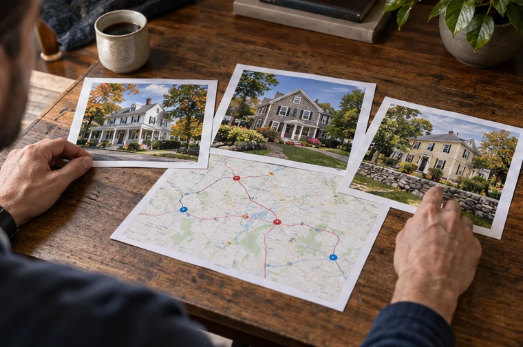 A home buyer comparing separate property photos and a route sketch on a table.