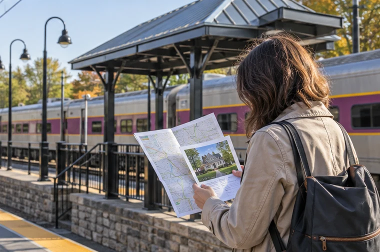 A commuter checking a route at a MetroWest train station beside a listing photo.