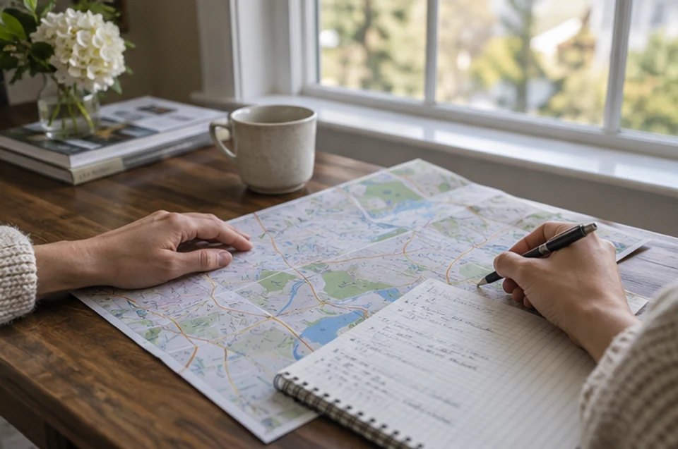 A buyer marking a route and keeping notes while planning several MetroWest home tours.