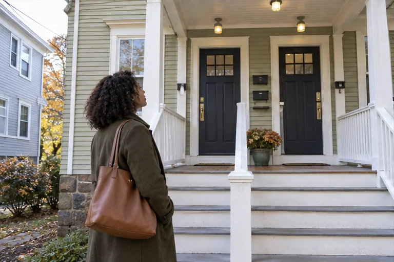 A prospective owner viewing two separate entry doors on a New England multi-family home.