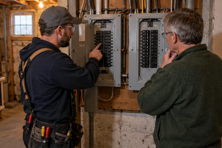 A licensed electrician and property owner reviewing separate electrical service panels in a two-family home.