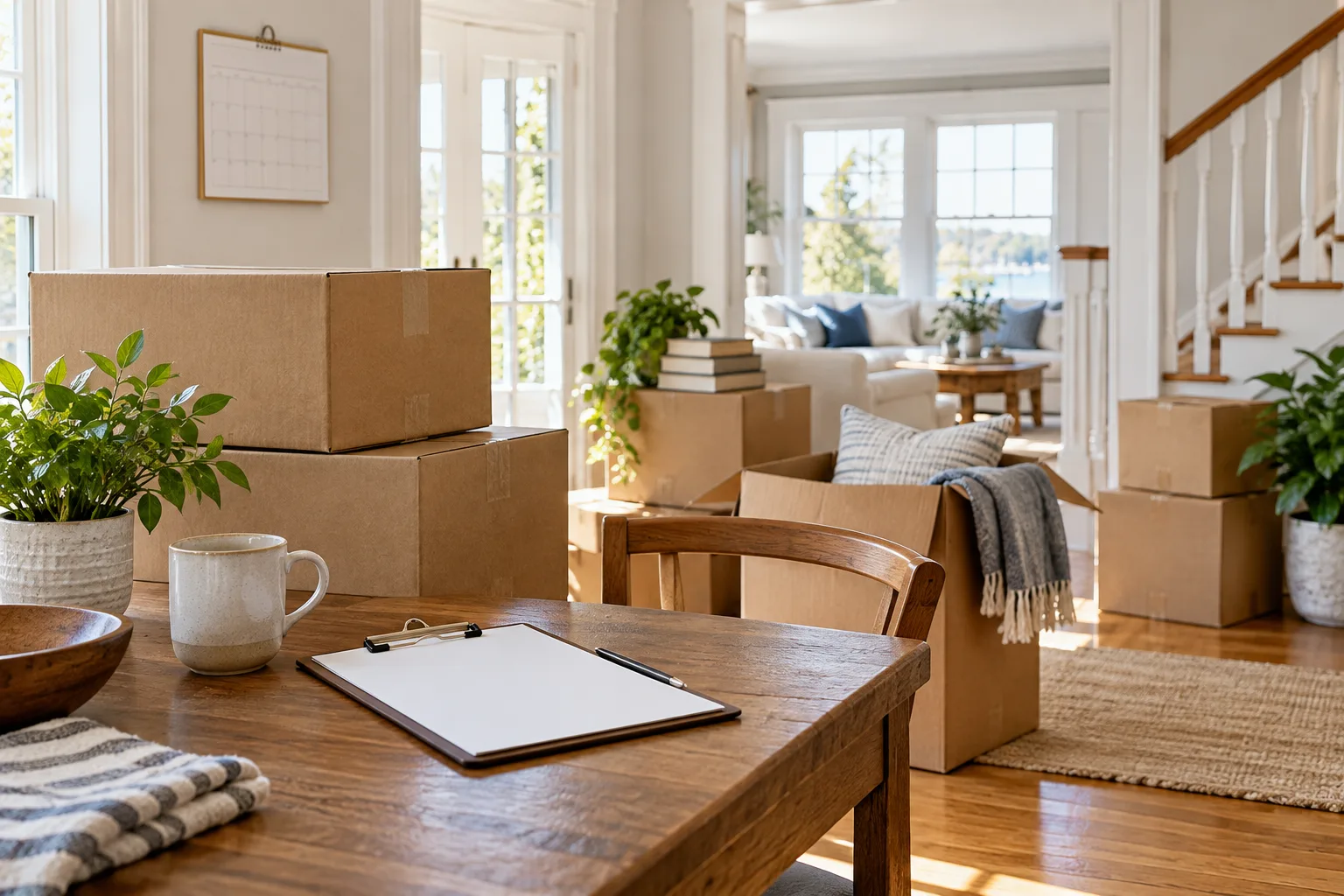 Moving boxes and a blank checklist in a bright New England home.