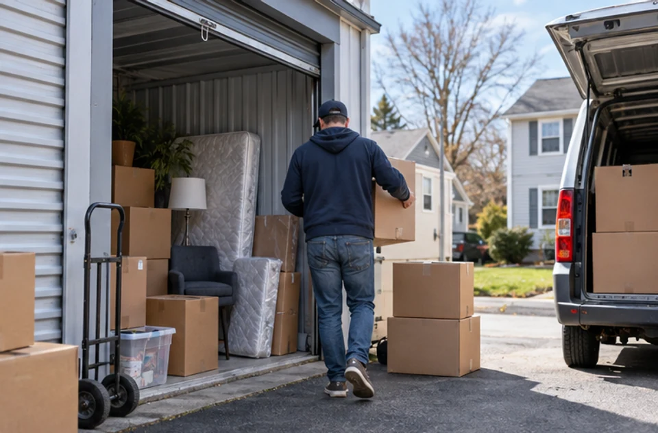Moving boxes being carried between a Massachusetts home and a moving vehicle during a household relocation.