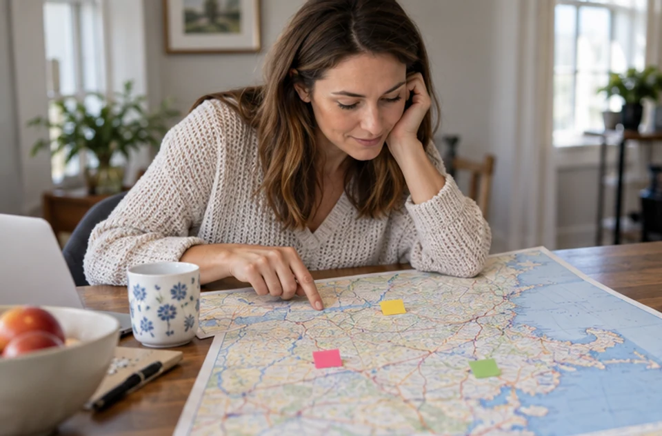 A buyer reviewing a printed map with a few marked places for a multi-town home search.