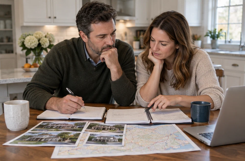 Two home buyers organizing tour notes and listing photographs beside a local map.