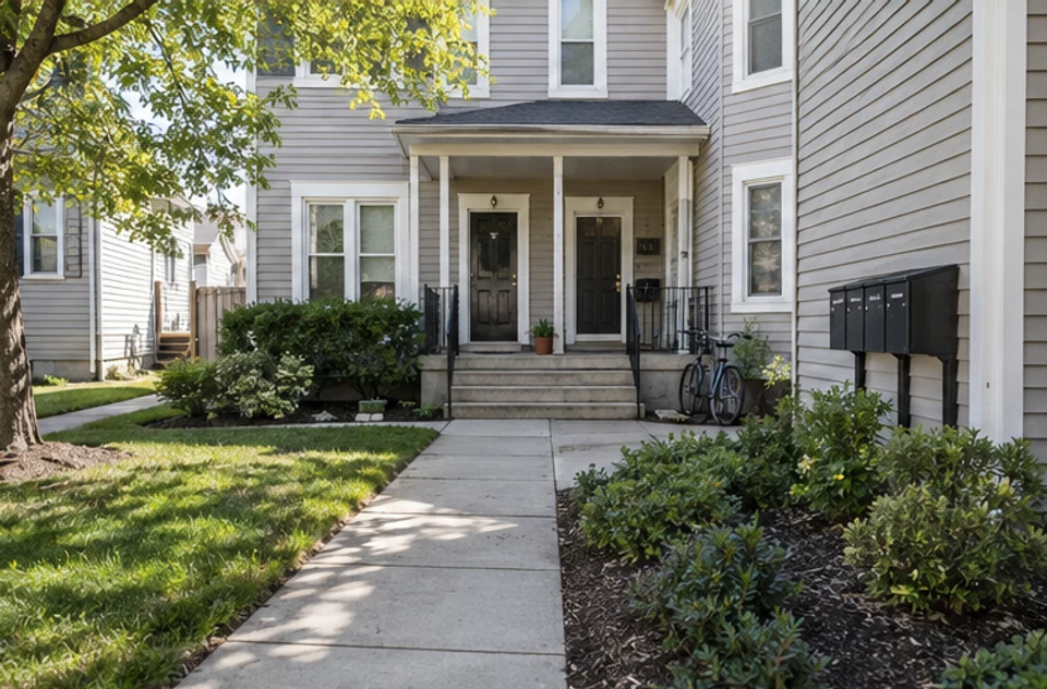 A shared entrance and common walkway at a multi-family home, illustrating ongoing property coordination.