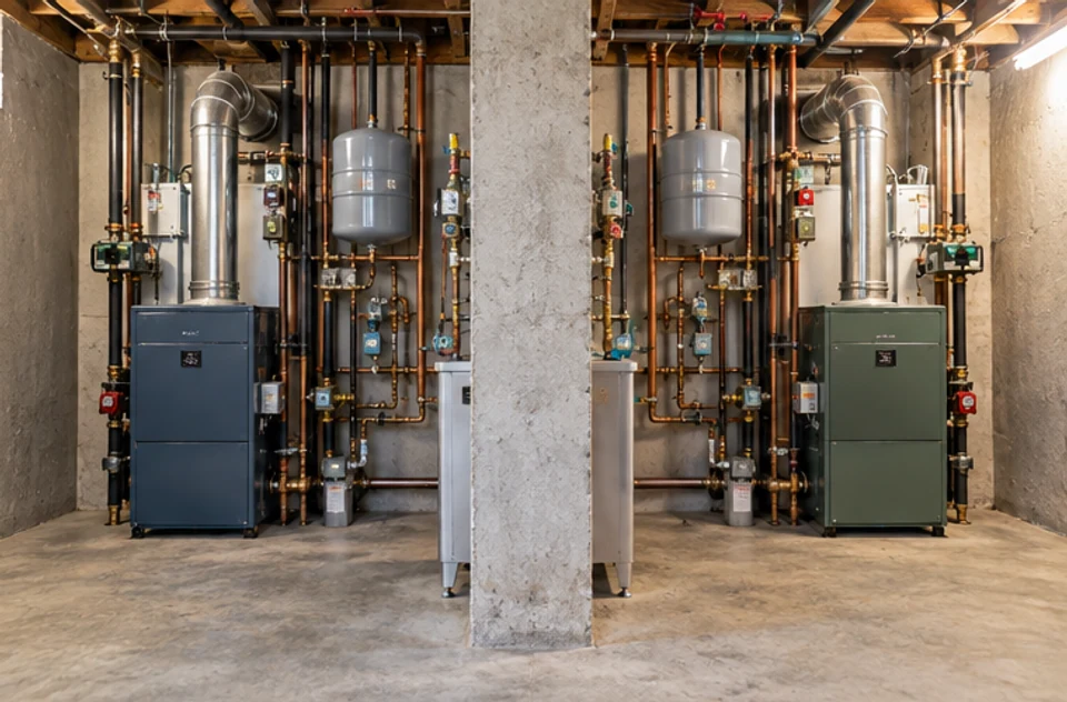 Separate home heating and plumbing equipment being reviewed in a two-family property's utility space.