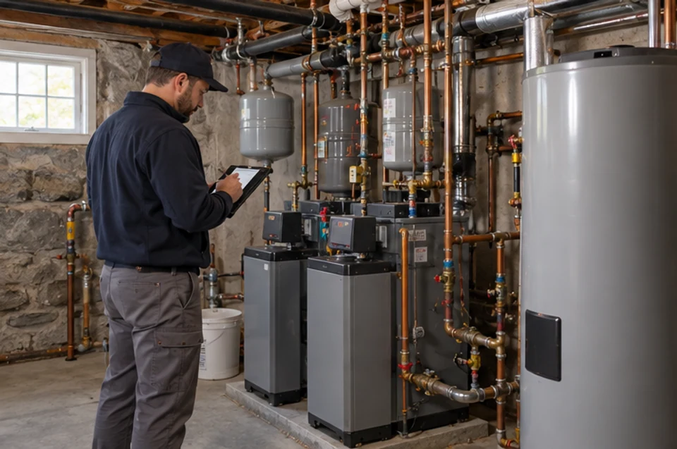 A qualified professional recording information about shared heating and water systems in a multi-family property.