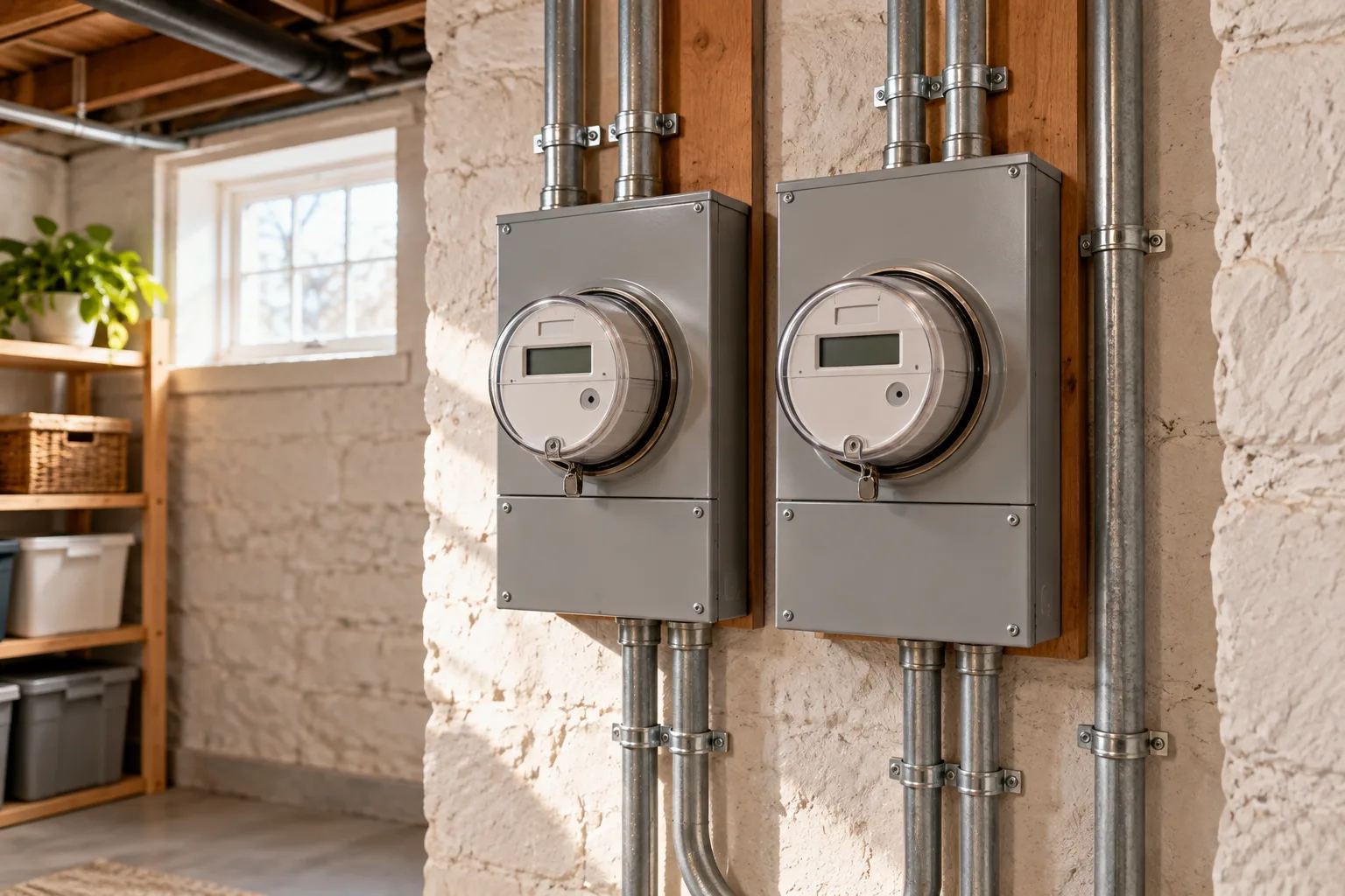 Two unbranded utility meters mounted in a clean multifamily home's basement.