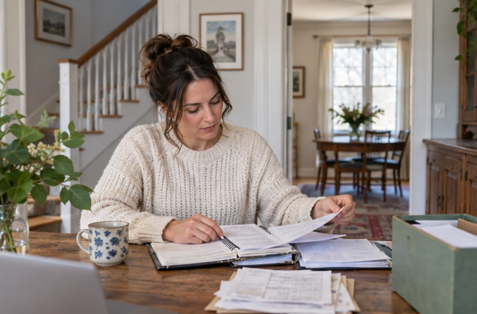 An owner-occupant reviewing property records and a home layout at a table inside a New England two-family home.