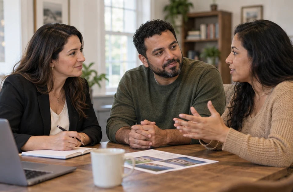 A real-estate professional talking with two clients and listening closely to their questions.