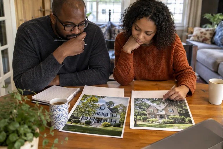 Two buyers comparing photographs of homes in Natick and Framingham with notes on a table.