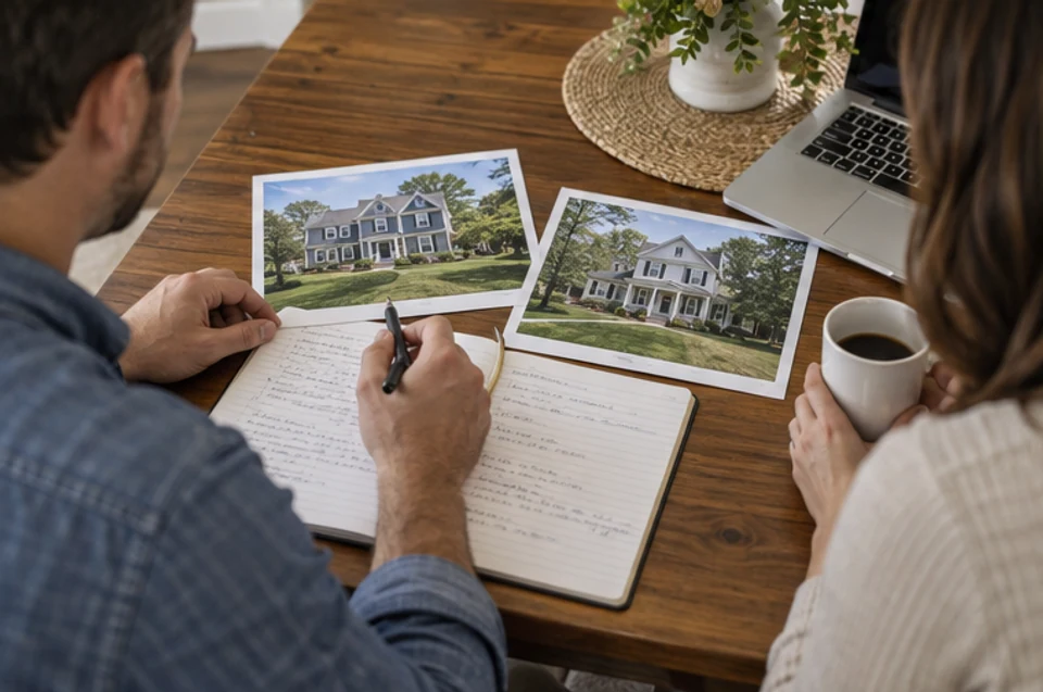 Buyers comparing notes and home photographs at a table after touring properties in two MetroWest towns.