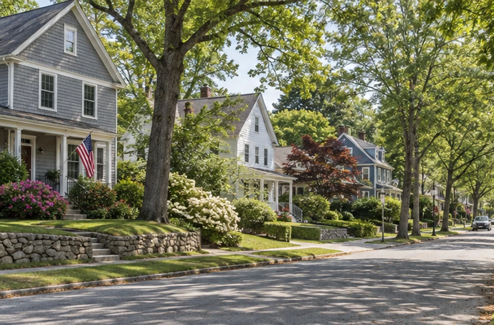 A residential New England street with detached homes and mature trees in the Natick and Framingham area.