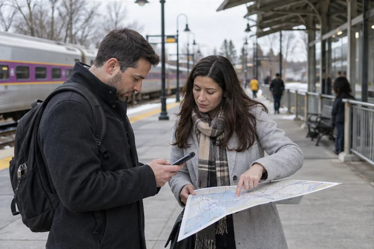 A buyer and agent checking a route near a MetroWest commuter rail platform.