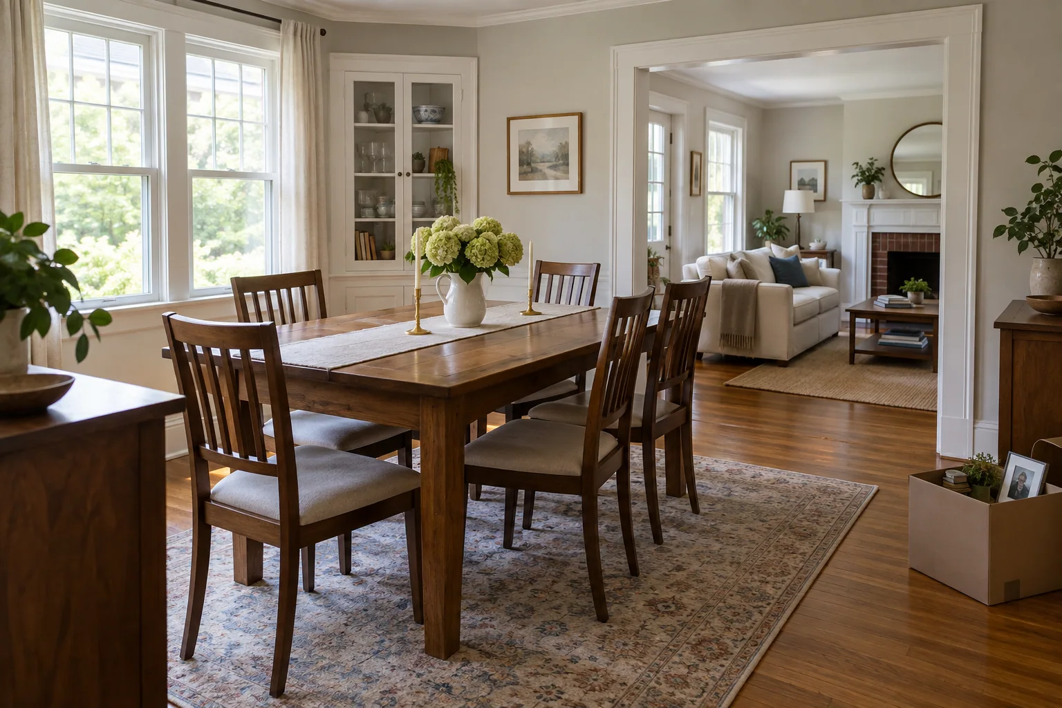 A simplified dining room with clear pathways and a small box of personal items before listing photography.