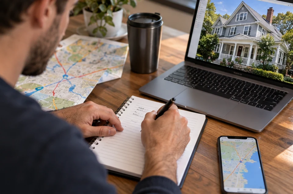 A buyer arranging listing photos and a local map into a home-search shortlist.