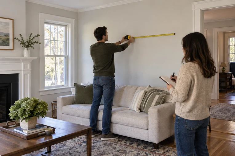 A buyer carefully checking a living-room wall measurement during a return visit to a New England home.