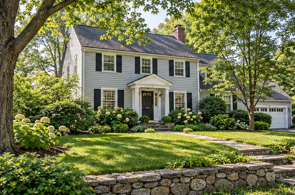 A leafy detached New England home in a Natick-area residential setting.