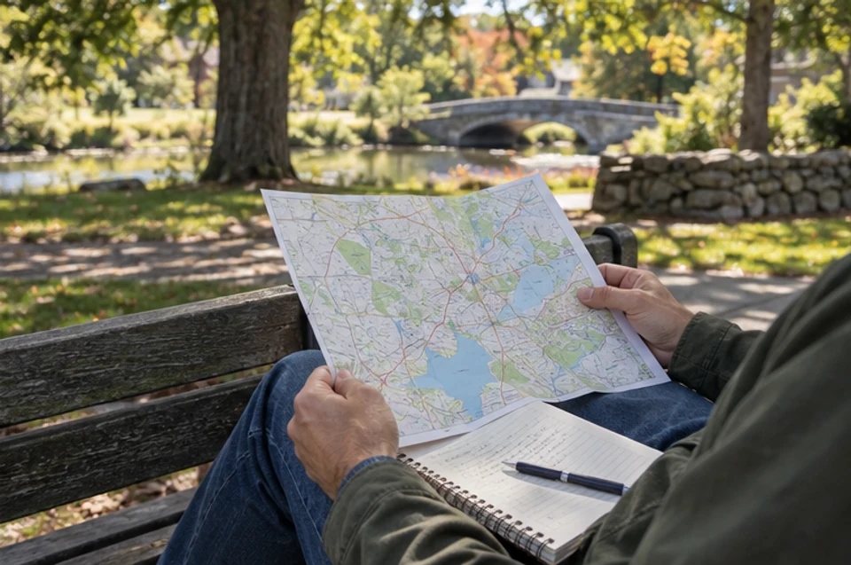 A buyer reviewing a neighborhood map and handwritten observations while seated under mature trees.