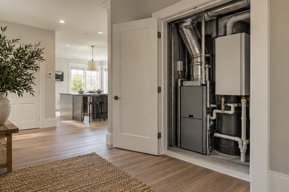 An accessible mechanical area and finished interior in a newly built Massachusetts home.