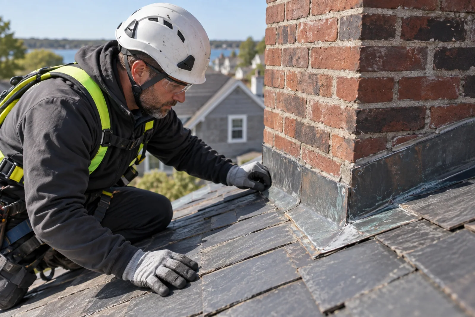 A qualified roofing professional checking flashing on a New England home.