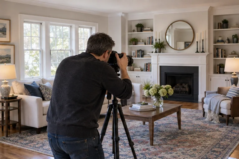 A property photographer framing a bright New England living room before a home goes on the market.