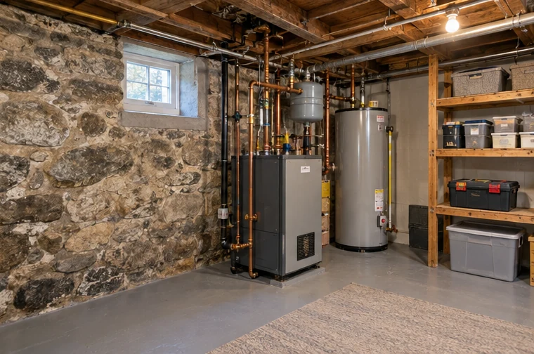 A well-maintained stone foundation and utility area in an older New England home.