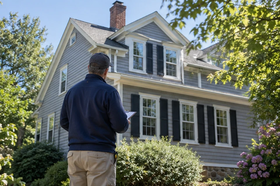A home inspector documenting an exterior feature during a buyer's property review in Massachusetts.
