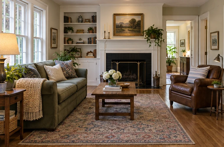 A lived-in MetroWest living room with a clear walking route and comfortable seating before a showing.