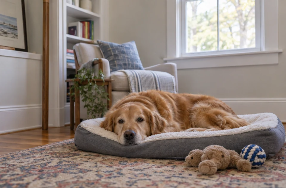 A dog resting in a separate safe space while a lived-in home is prepared for a scheduled showing.