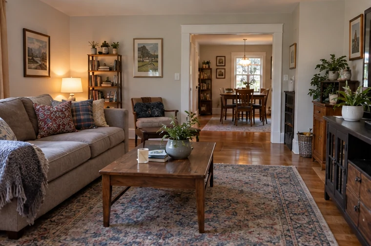 A lived-in family room with clear paths and comfortable furnishings before a showing.